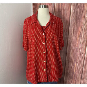 Blair Boutique Red Polka Dot Blouse Button Up Short Sleeve Size XL Made in USA